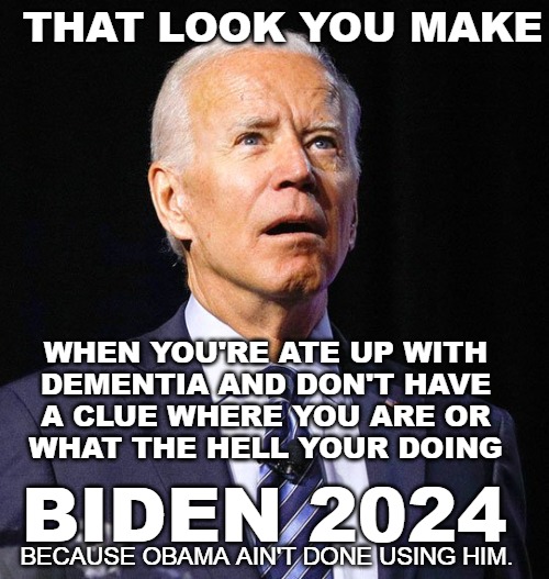 That Look That Biden Makes | THAT LOOK YOU MAKE; WHEN YOU'RE ATE UP WITH
DEMENTIA AND DON'T HAVE
A CLUE WHERE YOU ARE OR
WHAT THE HELL YOUR DOING; BIDEN 2024; BECAUSE OBAMA AIN'T DONE USING HIM. | image tagged in joe biden | made w/ Imgflip meme maker