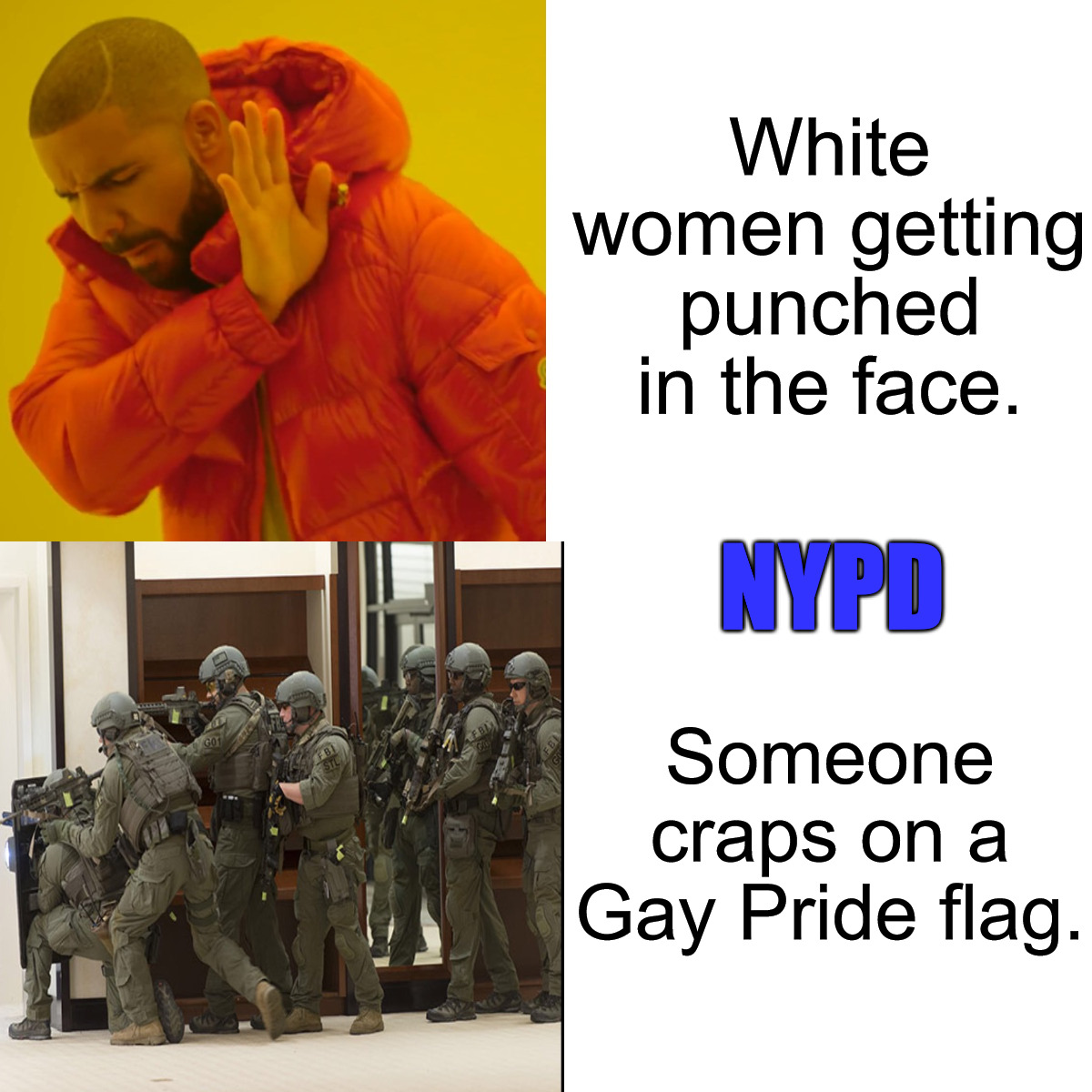 Legalized Assault in NYC | White women getting punched in the face. NYPD; Someone craps on a Gay Pride flag. | image tagged in memes,drake hotline bling | made w/ Imgflip meme maker