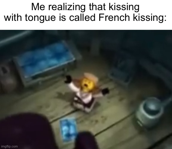 Zane nooooo | Me realizing that kissing with tongue is called French kissing: | image tagged in zane nooooo | made w/ Imgflip meme maker