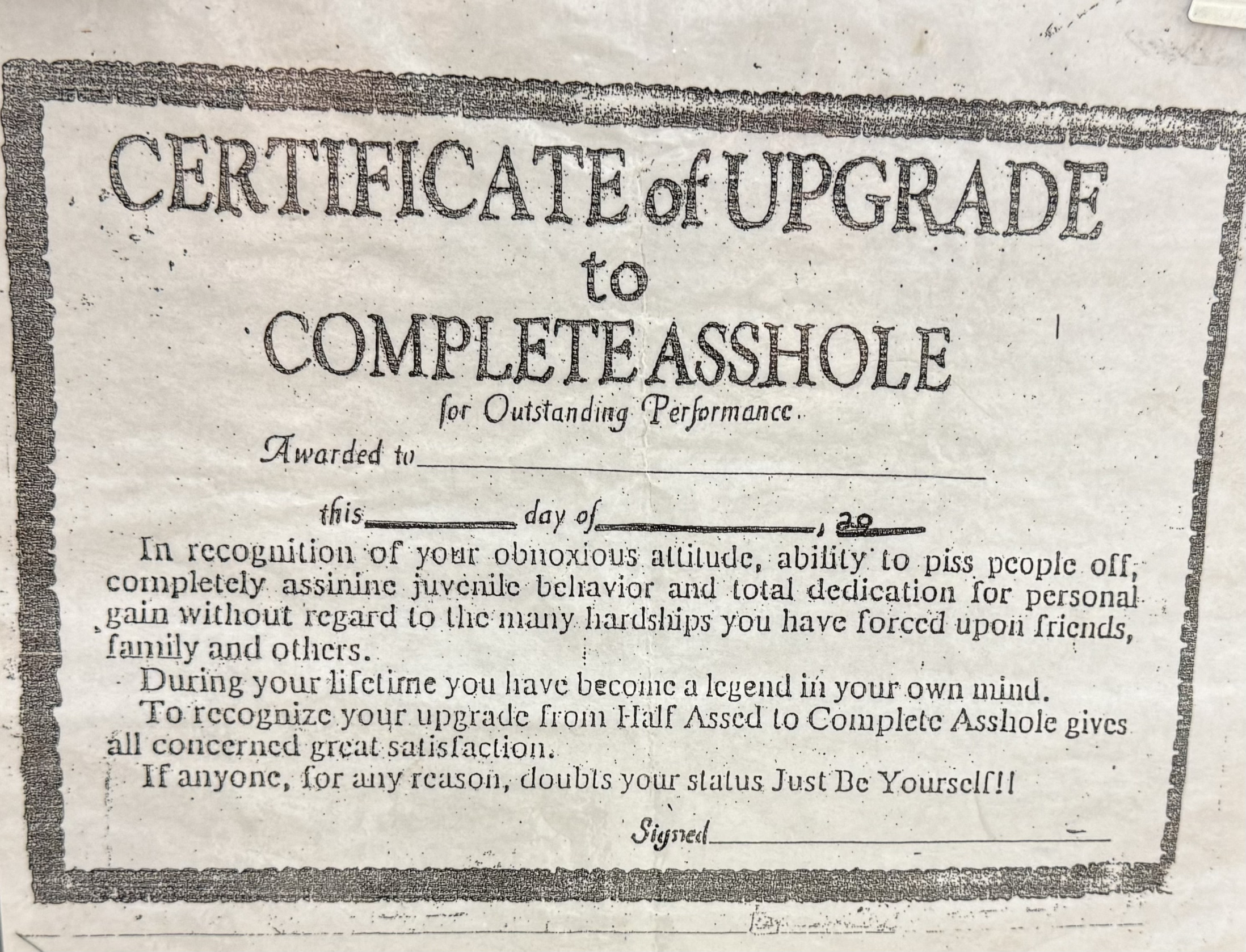 Complete Asshole Award Blank Meme Template