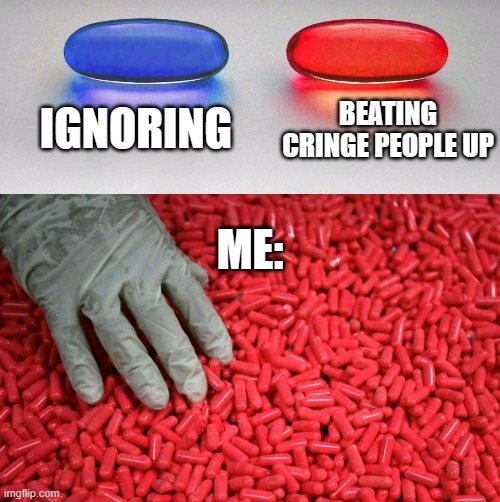 Real | IGNORING; BEATING CRINGE PEOPLE UP; ME: | image tagged in blue or red pill | made w/ Imgflip meme maker