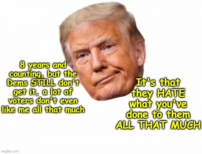 Only guy that ever opened his mouth for the Middle Class in my lifetime | It's that they HATE what you've done to them ALL THAT MUCH; 8 years and counting, but the Dems STILL don't get it, a lot of voters don't even like me all that much | image tagged in trump voters hate dems meme | made w/ Imgflip meme maker