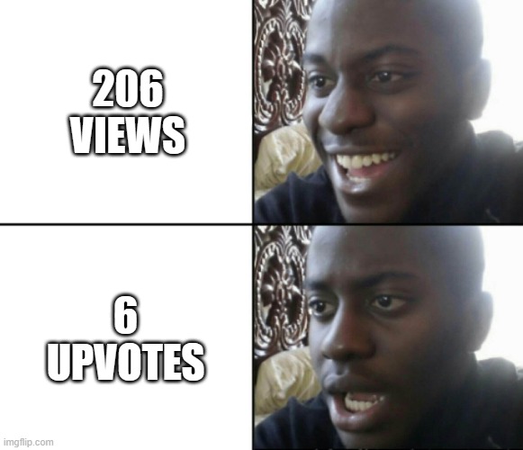 why | 206 VIEWS; 6 UPVOTES | image tagged in happy / shock | made w/ Imgflip meme maker