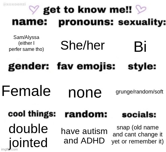 get to know me but better | Sam/Alyssa (either I perfer same tho); She/her; Bi; none; grunge/random/soft; Female; snap (old name and cant change it yet or remember it); have autism and ADHD; double jointed | image tagged in get to know me but better | made w/ Imgflip meme maker