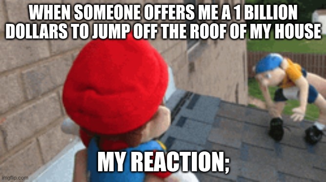 for real | WHEN SOMEONE OFFERS ME A 1 BILLION DOLLARS TO JUMP OFF THE ROOF OF MY HOUSE; MY REACTION; | image tagged in sml,jeffy,rich,real,merich | made w/ Imgflip meme maker