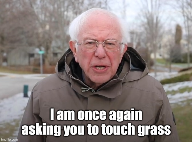 Bernie Sanders Once Again Asking | I am once again asking you to touch grass | image tagged in bernie sanders once again asking | made w/ Imgflip meme maker