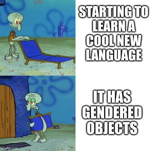 Squidward Lounge Chair Meme | STARTING TO
LEARN A
COOL NEW
LANGUAGE; IT HAS GENDERED OBJECTS | image tagged in squidward lounge chair meme | made w/ Imgflip meme maker
