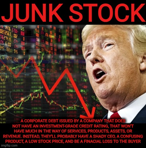 JUNK STOCK | JUNK STOCK; A CORPORATE DEBT ISSUED BY A COMPANY THAT DOES NOT HAVE AN INVESTMENT-GRADE CREDIT RATING, THAT WON'T HAVE MUCH IN THE WAY OF SERVICES, PRODUCTS, ASSETS, OR REVENUE. INSTEAD, THEY'LL PROBABLY HAVE A SHADY CEO, A CONFUSING PRODUCT, A LOW STOCK PRICE, AND BE A FINACIAL LOSS TO THE BUYER | image tagged in junk stock,junk bond,meme stock,dead stock,bad investment,finacial loss | made w/ Imgflip meme maker