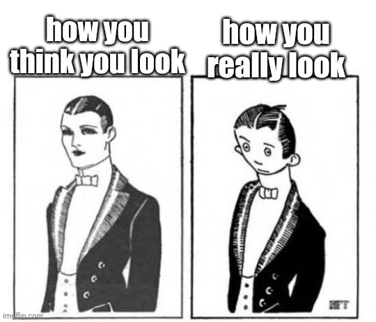 we going back to the 1920s with this one | how you really look; how you think you look | image tagged in first ever meme | made w/ Imgflip meme maker