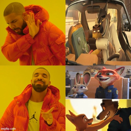Here's hoping the proper ships get canonized in 2025 | image tagged in memes,drake hotline bling,zootopia,the bad guys | made w/ Imgflip meme maker