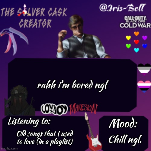 Iris temp | rahh i'm bored ngl; Listening to:; Mood:; Chill ngl. Old songs that I used to love (in a playlist) | image tagged in iris temp | made w/ Imgflip meme maker