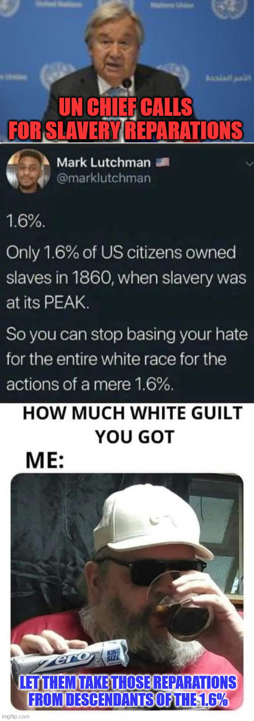 I have ZERO white guilt...  so take that white supremacy bs somewhere else | UN CHIEF CALLS FOR SLAVERY REPARATIONS; LET THEM TAKE THOSE REPARATIONS FROM DESCENDANTS OF THE 1.6% | image tagged in stop the white supremacist bs | made w/ Imgflip meme maker