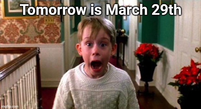 Kevin Home Alone | Tomorrow is March 29th | image tagged in kevin home alone | made w/ Imgflip meme maker