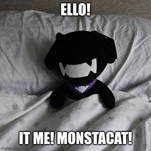 Monstacat wot u doin? | ELLO! IT ME! MONSTACAT! | image tagged in monster,cat,bed,no | made w/ Imgflip meme maker
