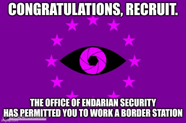 Endarian Security Service | CONGRATULATIONS, RECRUIT. THE OFFICE OF ENDARIAN SECURITY HAS PERMITTED YOU TO WORK A BORDER STATION | image tagged in endarian security service | made w/ Imgflip meme maker