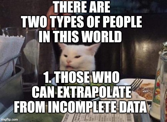 Smudge that darn cat | THERE ARE TWO TYPES OF PEOPLE IN THIS WORLD; 1. THOSE WHO CAN EXTRAPOLATE FROM INCOMPLETE DATA | image tagged in smudge that darn cat | made w/ Imgflip meme maker
