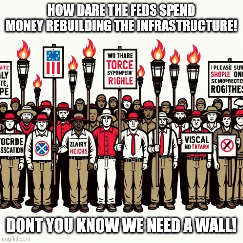 Wbhat happened to the funds that were donated to build the wall? | HOW DARE THE FEDS SPEND MONEY REBUILDING THE INFRASTRUCTURE! DONT YOU KNOW WE NEED A WALL! | image tagged in does it look right maga | made w/ Imgflip meme maker