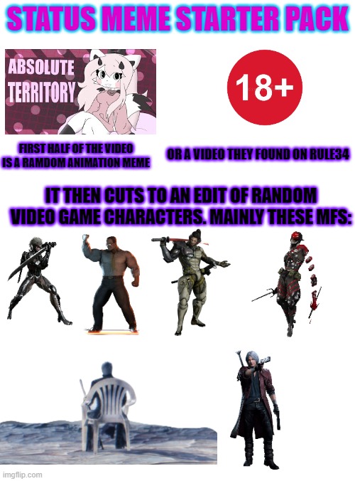 I hate this type of videos | STATUS MEME STARTER PACK; FIRST HALF OF THE VIDEO IS A RAMDOM ANIMATION MEME; OR A VIDEO THEY FOUND ON RULE34; IT THEN CUTS TO AN EDIT OF RANDOM VIDEO GAME CHARACTERS. MAINLY THESE MFS: | image tagged in memes,furry memes,status,metal gear rising,devil may cry | made w/ Imgflip meme maker