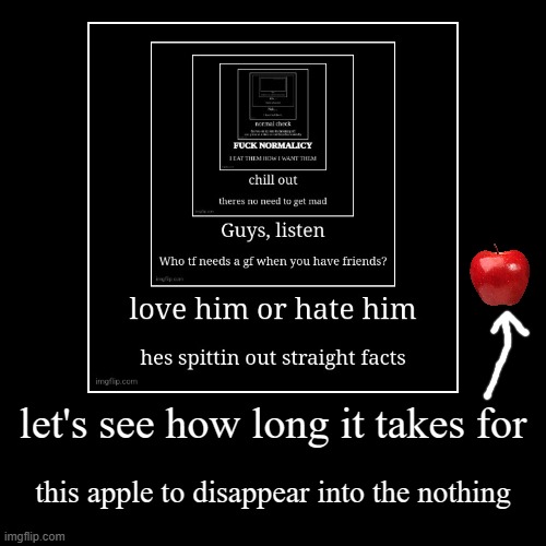 let's see how long it takes for | this apple to disappear into the nothing | image tagged in funny,demotivationals | made w/ Imgflip demotivational maker