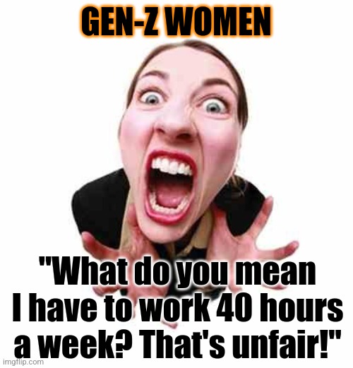 Is it possible women misjudged the joys of working long hours at sucky jobs that men previously endured for them? | GEN-Z WOMEN; "What do you mean I have to work 40 hours a week? That's unfair!" | image tagged in woman screaming,expectation vs reality,men vs women,gender equality,stop it get some help,angry feminist | made w/ Imgflip meme maker