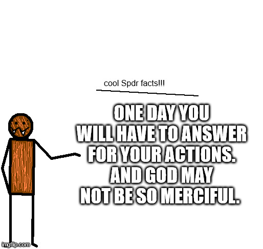 cool spdr facts | ONE DAY YOU WILL HAVE TO ANSWER FOR YOUR ACTIONS. AND GOD MAY NOT BE SO MERCIFUL. | image tagged in cool spdr facts | made w/ Imgflip meme maker