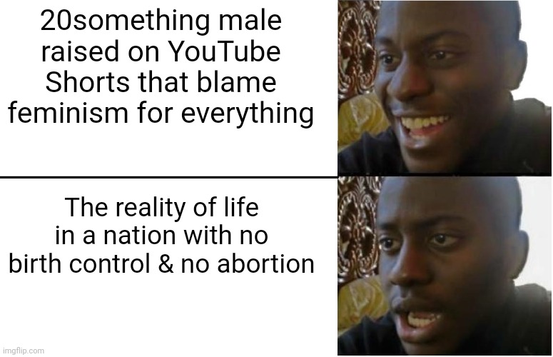 Born in 2000. Longs for the 50s lmfao | 20something male raised on YouTube Shorts that blame feminism for everything; The reality of life in a nation with no birth control & no abortion | image tagged in disappointed black guy,dark humor,too funny | made w/ Imgflip meme maker