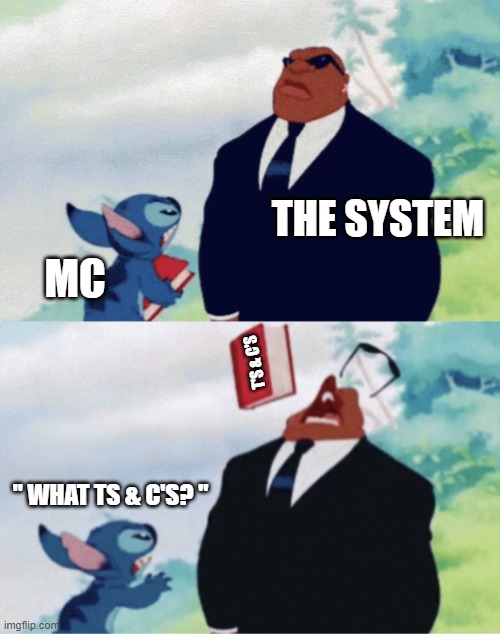 Terms and Conditions | THE SYSTEM; MC; T'S & C'S; " WHAT TS & C'S? " | image tagged in stitch throwing book | made w/ Imgflip meme maker