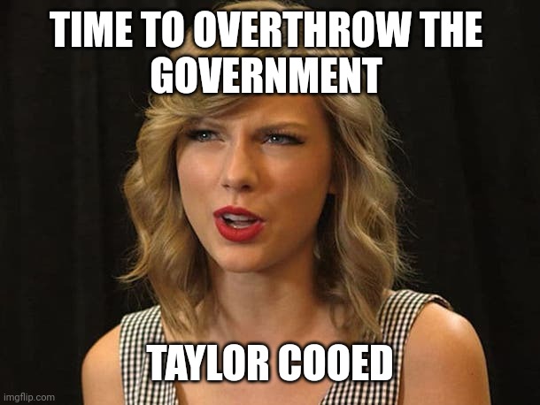 Taylor cooed | TIME TO OVERTHROW THE 
GOVERNMENT; TAYLOR COOED | image tagged in taylor swiftie | made w/ Imgflip meme maker