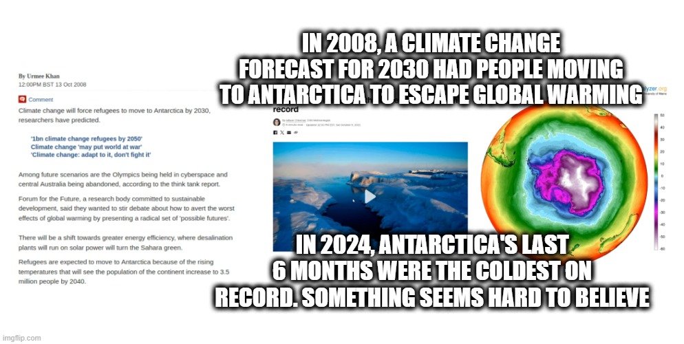 IN 2008, A CLIMATE CHANGE FORECAST FOR 2030 HAD PEOPLE MOVING TO ANTARCTICA TO ESCAPE GLOBAL WARMING; IN 2024, ANTARCTICA'S LAST 6 MONTHS WERE THE COLDEST ON RECORD. SOMETHING SEEMS HARD TO BELIEVE | made w/ Imgflip meme maker