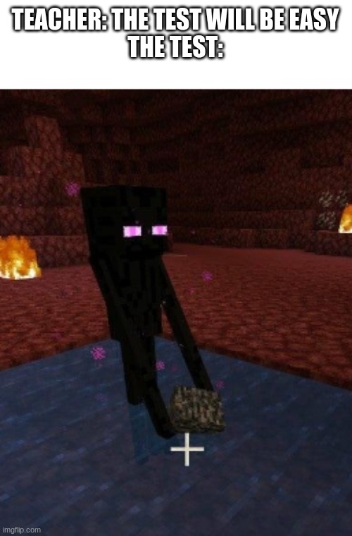 enderman holding bedrock in water in the nether | TEACHER: THE TEST WILL BE EASY
THE TEST: | image tagged in enderman holding bedrock in water in the nether | made w/ Imgflip meme maker