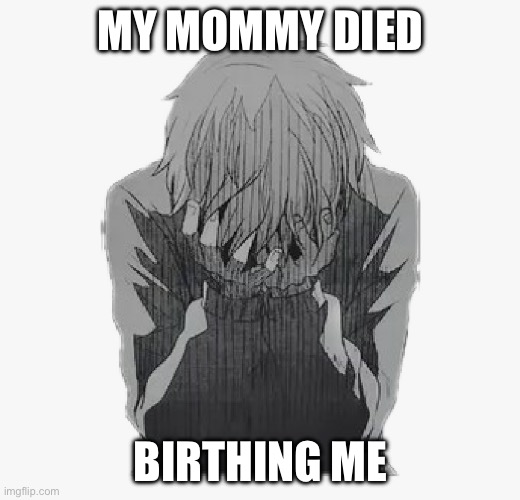 Sad anime boy | MY MOMMY DIED; BIRTHING ME | image tagged in sad anime boy | made w/ Imgflip meme maker