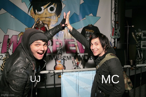 us hiding in a corner if MSMG was all in one room together | MC; UJ | image tagged in mcr high five | made w/ Imgflip meme maker