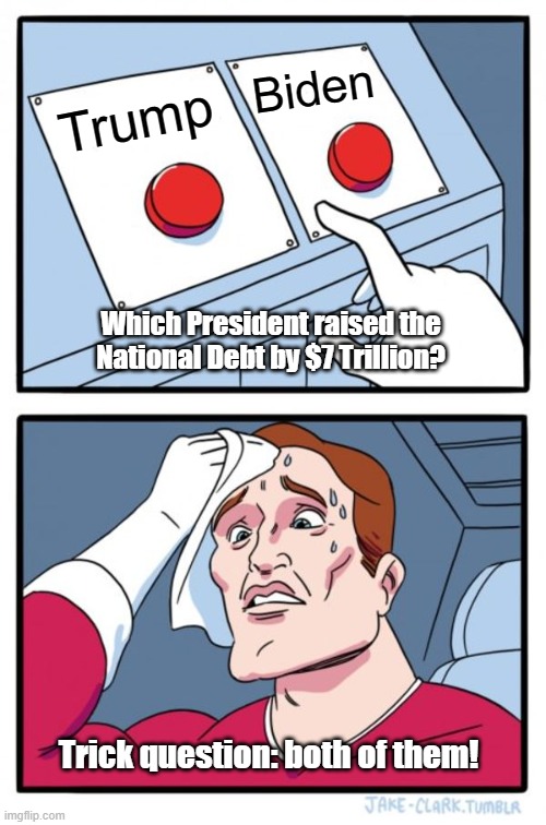 Two Buttons Meme | Biden; Trump; Which President raised the National Debt by $7 Trillion? Trick question: both of them! | image tagged in memes,two buttons | made w/ Imgflip meme maker
