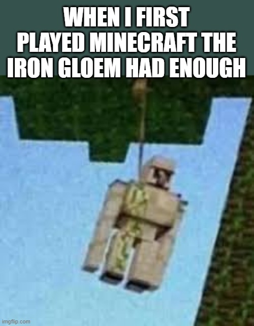 Iron Golem hanging | WHEN I FIRST PLAYED MINECRAFT THE IRON GLOEM HAD ENOUGH | image tagged in iron golem hanging | made w/ Imgflip meme maker