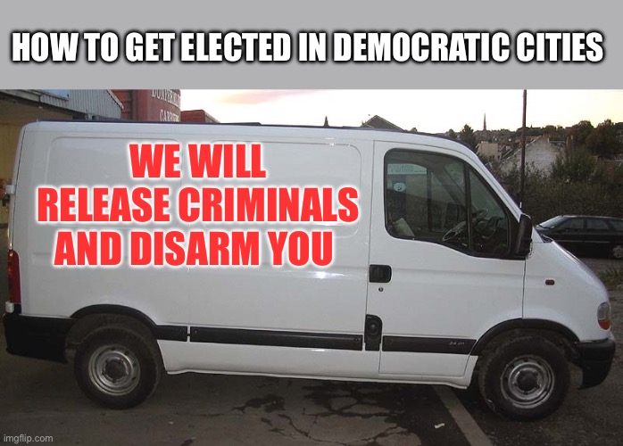 White Van | HOW TO GET ELECTED IN DEMOCRATIC CITIES; WE WILL RELEASE CRIMINALS AND DISARM YOU | image tagged in white van,democrats,politics,political meme,crime | made w/ Imgflip meme maker