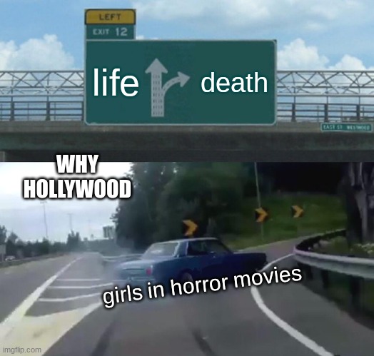 wassup | life; death; WHY HOLLYWOOD; girls in horror movies | image tagged in memes,left exit 12 off ramp | made w/ Imgflip meme maker