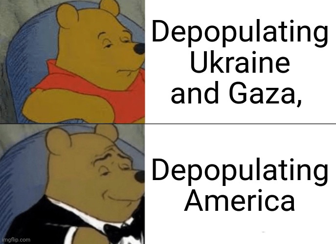 Tuxedo Winnie The Pooh Meme | Depopulating Ukraine and Gaza, Depopulating America | image tagged in memes,tuxedo winnie the pooh | made w/ Imgflip meme maker