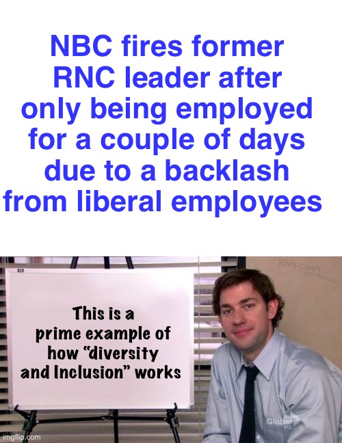 DEI is code for excluding conservatives | NBC fires former RNC leader after only being employed for a couple of days due to a backlash from liberal employees; This is a prime example of how “diversity and Inclusion” works | image tagged in blank white template,jim explanation,politics lol,liberal logic,bigots | made w/ Imgflip meme maker