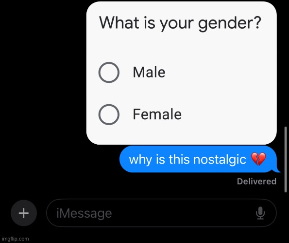 ? (mod note: *ahem* there are 2 genders )(I'm gonna get murdered)(Morpeko:*PTSD attack*) | image tagged in nostalgia | made w/ Imgflip meme maker