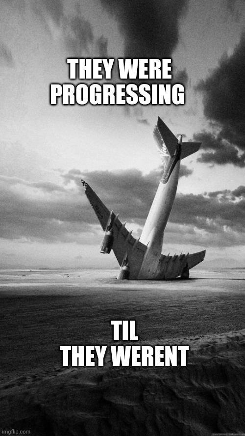 Plane crash | THEY WERE PROGRESSING TIL THEY WERENT | image tagged in plane crash | made w/ Imgflip meme maker