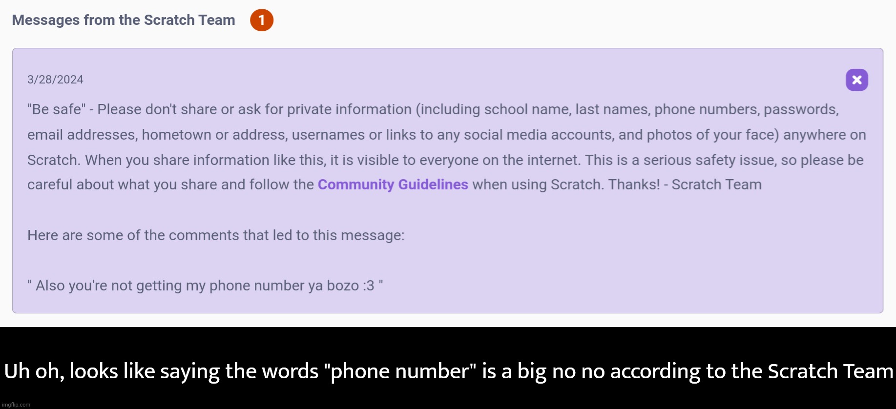 Uh oh, looks like I apparently said a bad thing on Scratch | Uh oh, looks like saying the words "phone number" is a big no no according to the Scratch Team | made w/ Imgflip meme maker