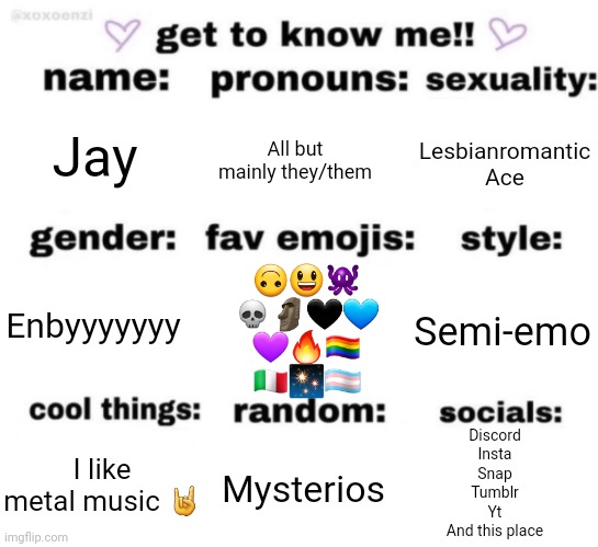 get to know me but butter | Jay; All but mainly they/them; Lesbianromantic
Ace; 🙃😃👾
💀🗿🖤💙
💜🔥🏳️‍🌈
🇮🇹✨🏳️‍⚧️; Semi-emo; Enbyyyyyyy; Discord
Insta
Snap
Tumblr
Yt
And this place; Mysterios; I like metal music 🤘 | image tagged in get to know me but butter | made w/ Imgflip meme maker