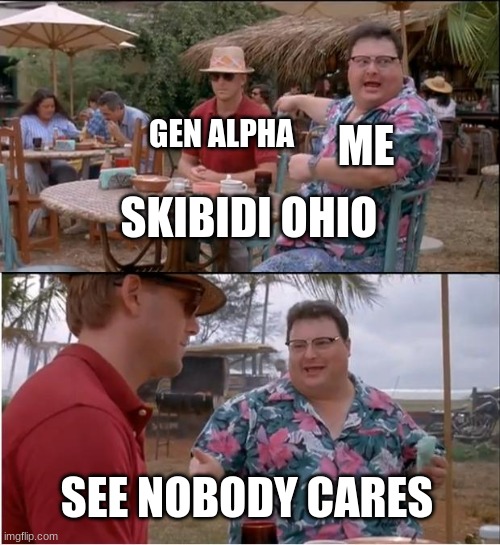 See Nobody Cares | GEN ALPHA; ME; SKIBIDI OHIO; SEE NOBODY CARES | image tagged in memes,see nobody cares | made w/ Imgflip meme maker