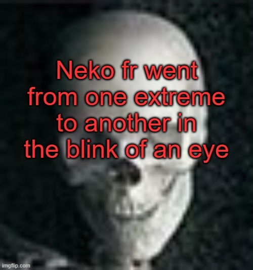 . | Neko fr went from one extreme to another in the blink of an eye | image tagged in skull | made w/ Imgflip meme maker