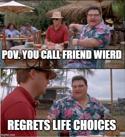 See Nobody Cares | POV. YOU CALL FRIEND WIERD; REGRETS LIFE CHOICES | image tagged in memes,see nobody cares | made w/ Imgflip meme maker