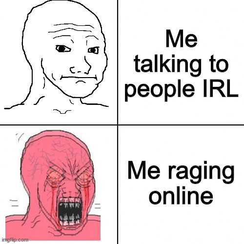 i can't do eye contact for more than 10 seconds and have no social skills | Me talking to people IRL; Me raging online | image tagged in happy vs angry wojak | made w/ Imgflip meme maker