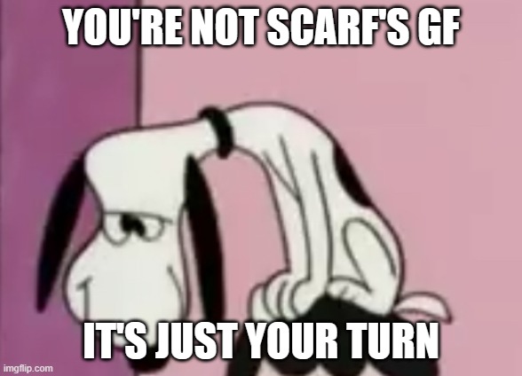 dude is edging to half of the stream | YOU'RE NOT SCARF'S GF; IT'S JUST YOUR TURN | image tagged in the snoops | made w/ Imgflip meme maker