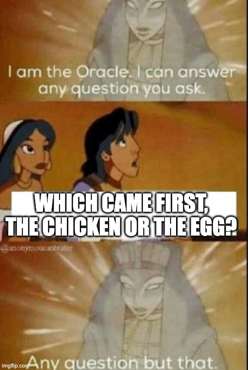UNANSWERABLE QUESTION | WHICH CAME FIRST, THE CHICKEN OR THE EGG? | image tagged in the oracle | made w/ Imgflip meme maker