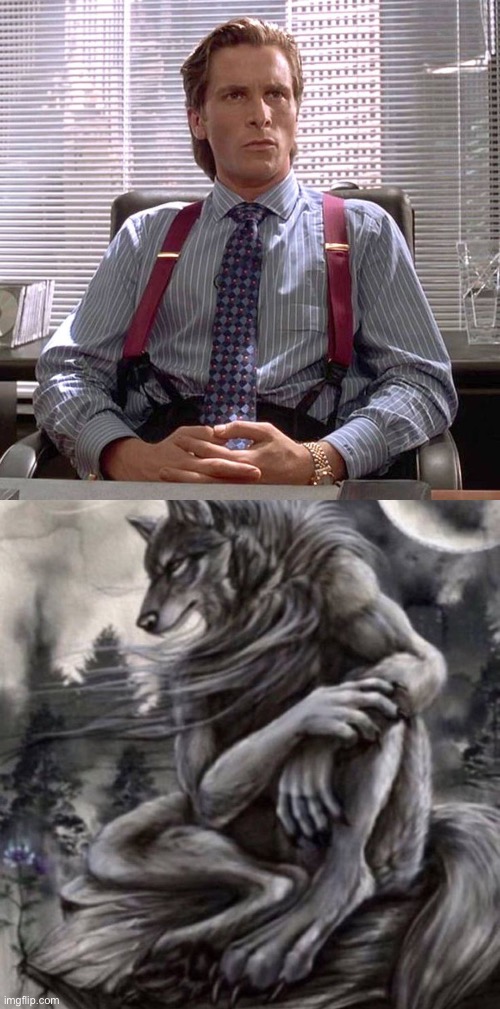 image tagged in american psycho - sigma male desk,alpha wolf | made w/ Imgflip meme maker