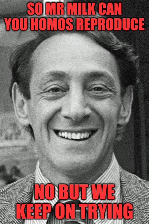 Harvey Milk | SO MR MILK CAN YOU HOMOS REPRODUCE; NO BUT WE KEEP ON TRYING | image tagged in gay pride | made w/ Imgflip meme maker